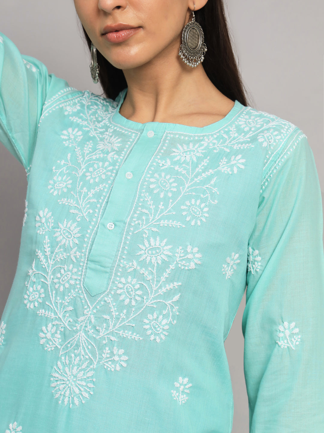 Hand Embroidered Chikankari Cotton Straight Kurta -ALNTV115 Seagreen