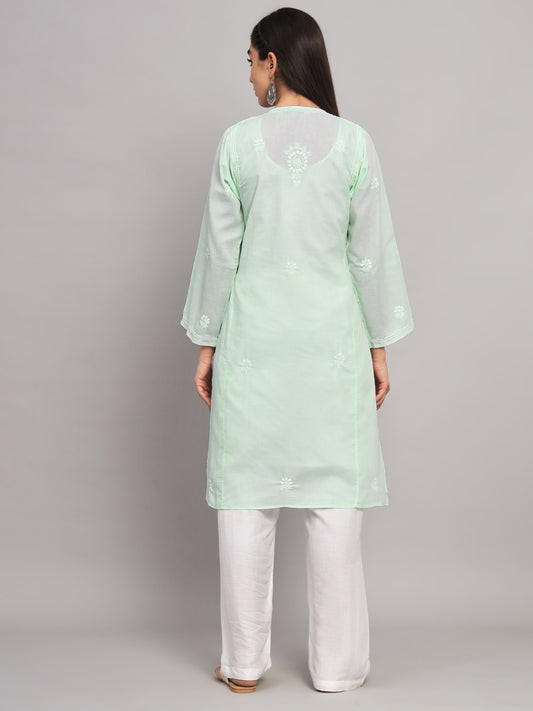 Hand Embroidered Chikankari Cotton Straight Kurta --ALNTV115 Pistagreen