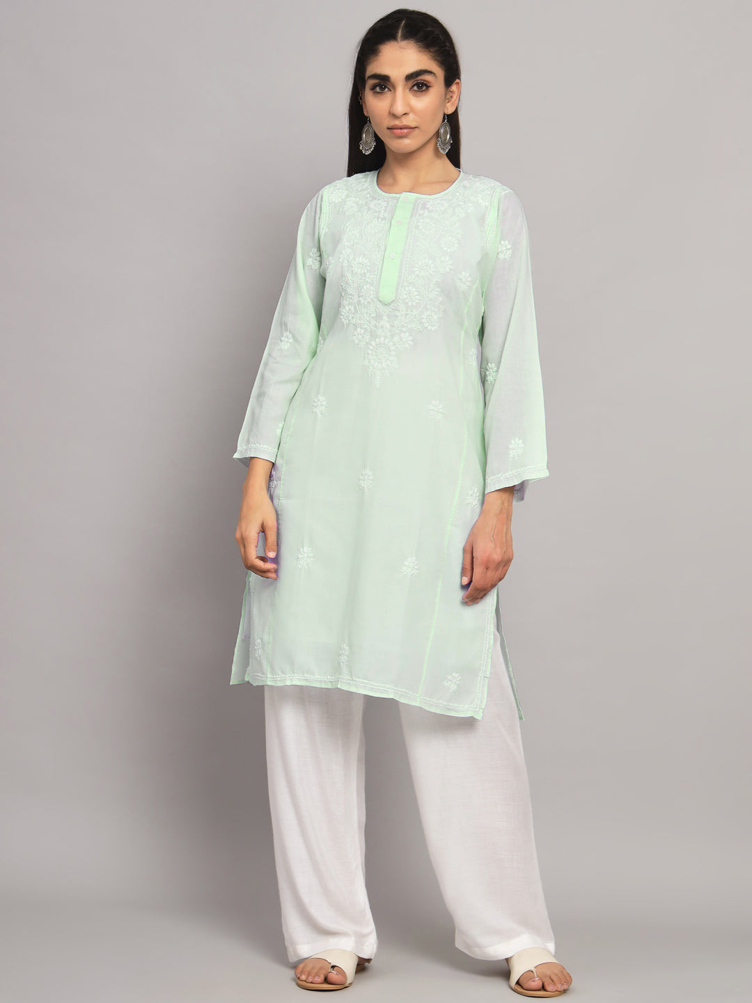 Hand Embroidered Chikankari Cotton Straight Kurta --ALNTV115 Pistagreen