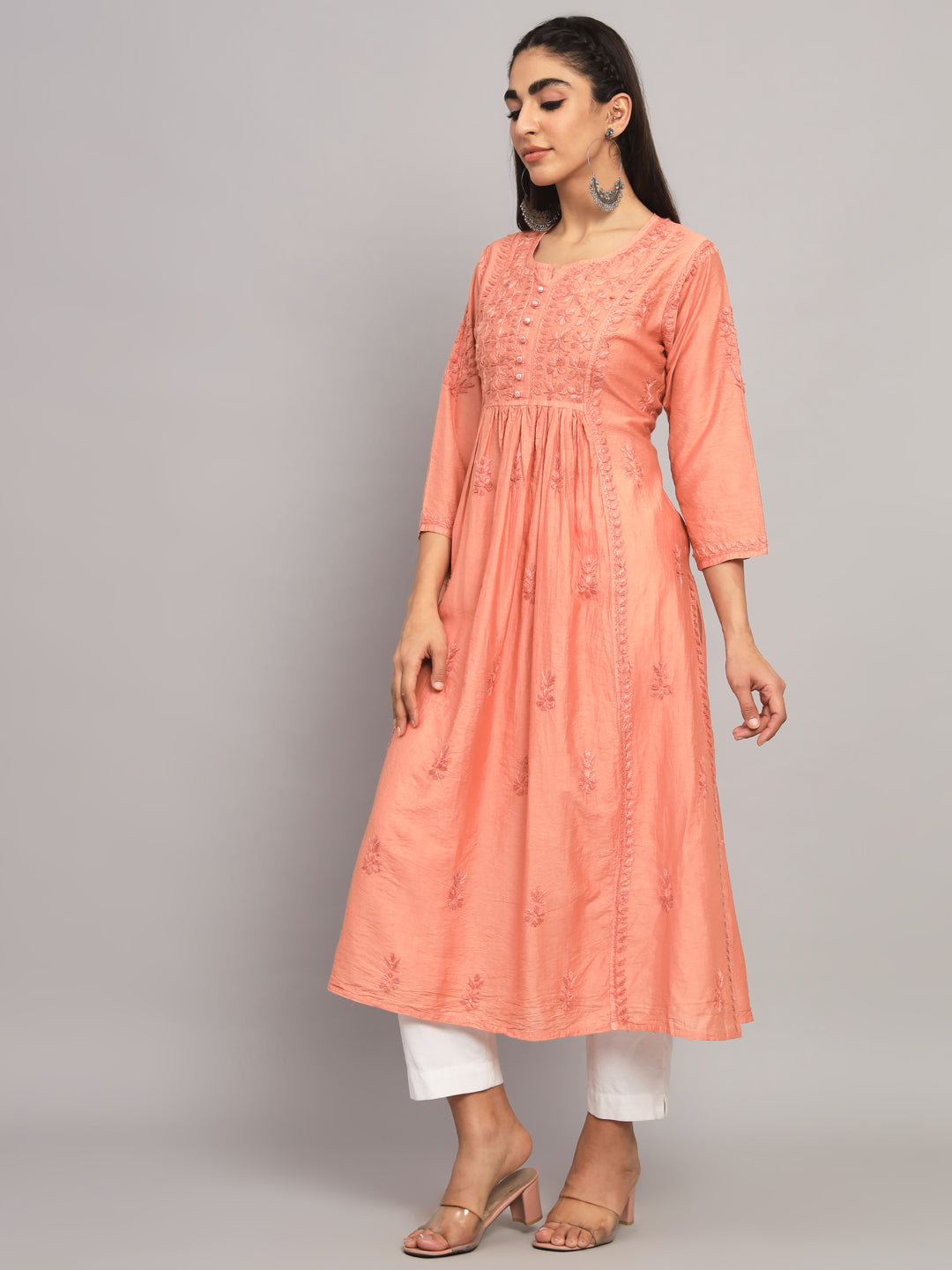 Hand embroidered floral pleated chikankari kurta AL3608 Rust