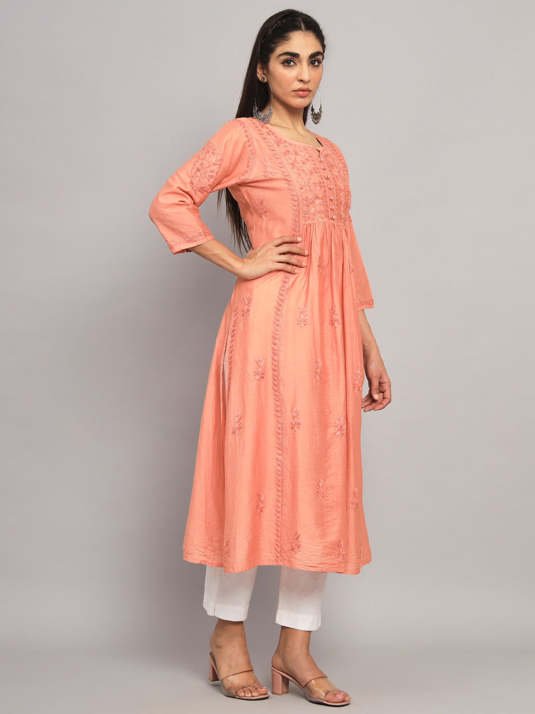 Hand embroidered floral pleated chikankari kurta AL3608 Rust