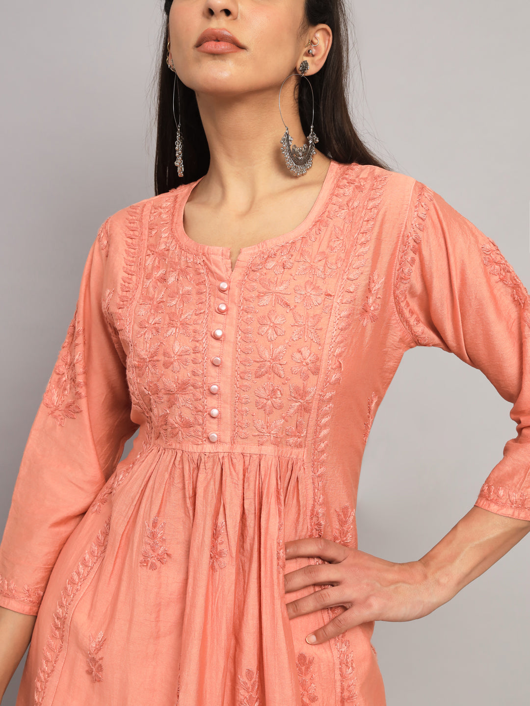 Hand embroidered floral pleated chikankari kurta AL3608 Rust