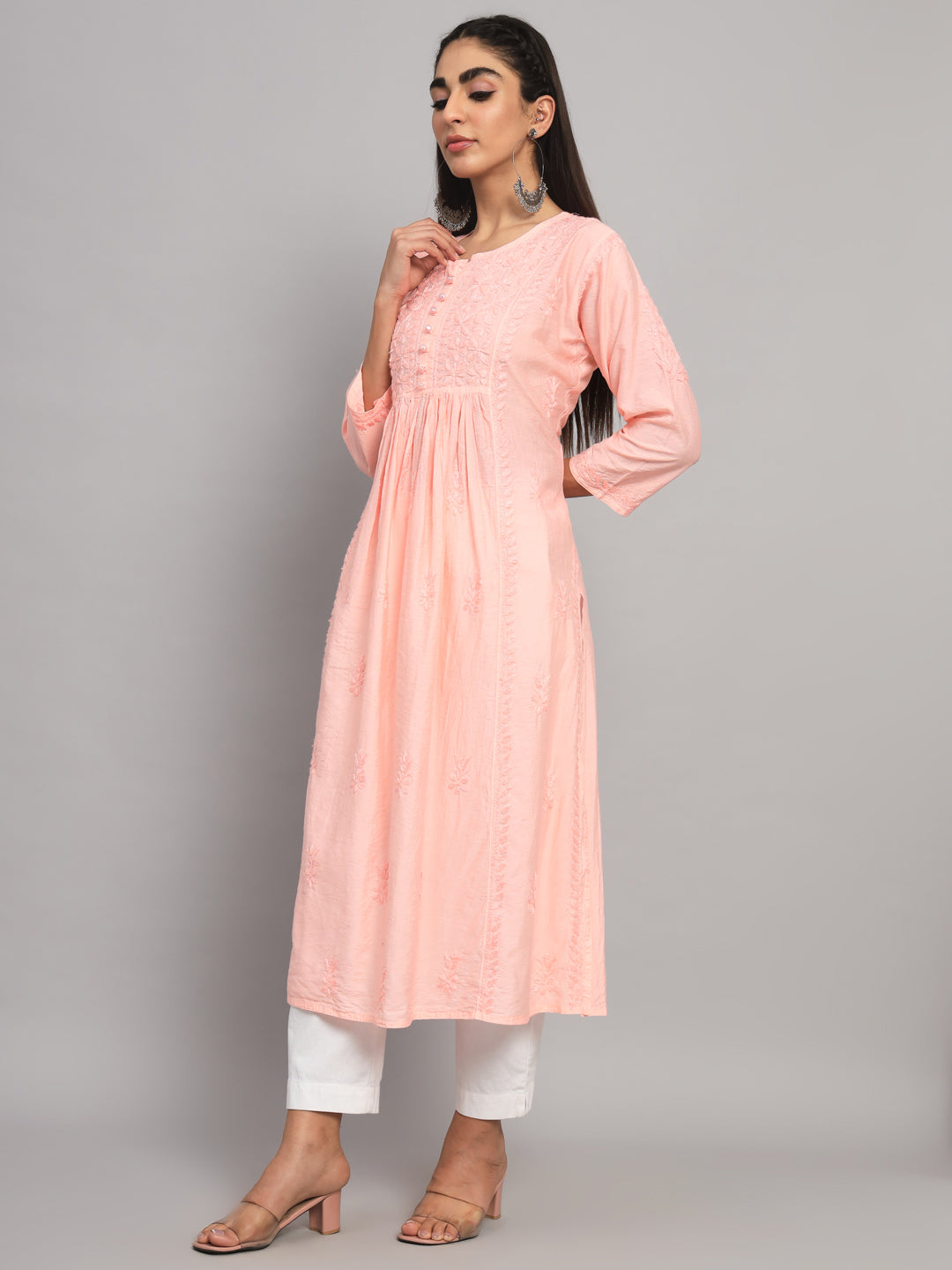 Hand embroidered floral pleated chikankari kurta AL3608 Peach