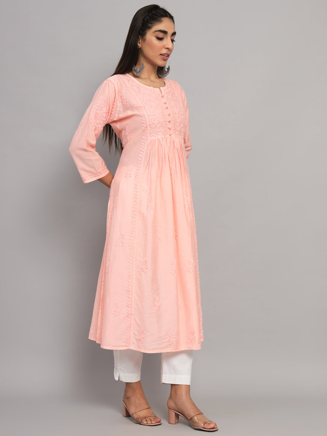 Hand embroidered floral pleated chikankari kurta AL3608 Peach