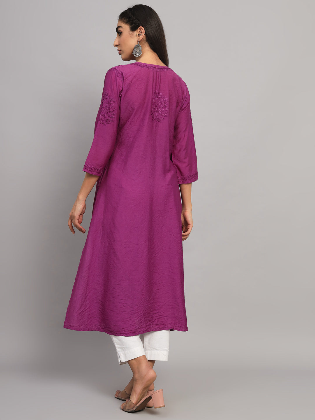 Hand embroidered floral pleated chikankari kurta AL3608 Violet
