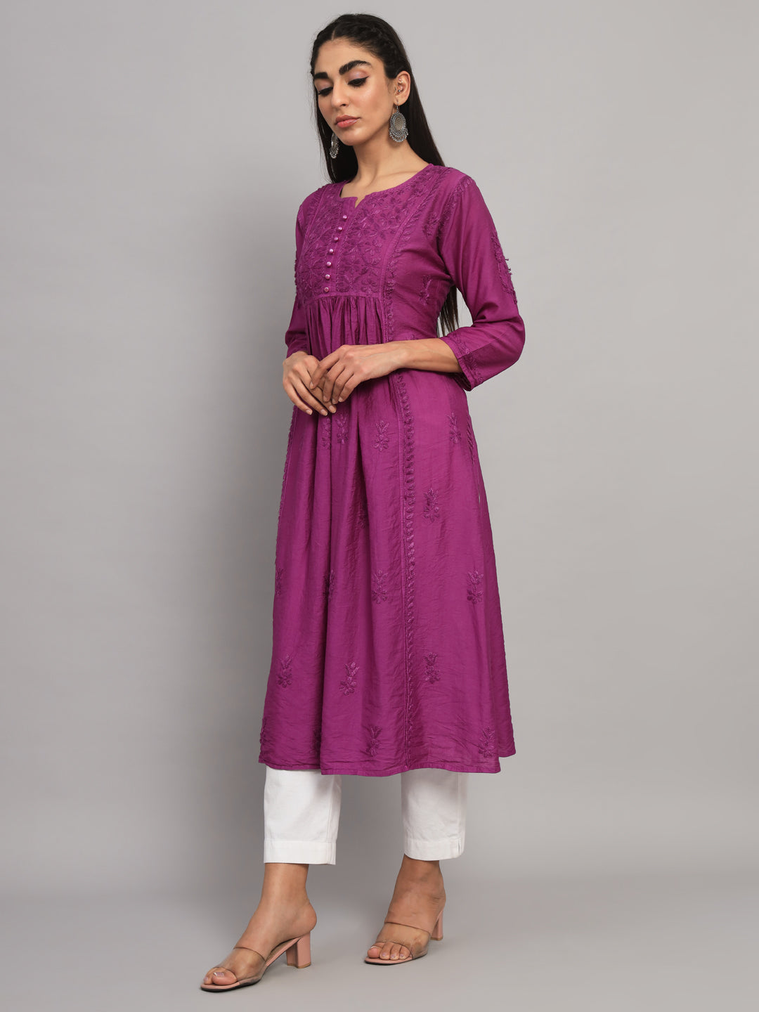 Hand embroidered floral pleated chikankari kurta AL3608 Violet