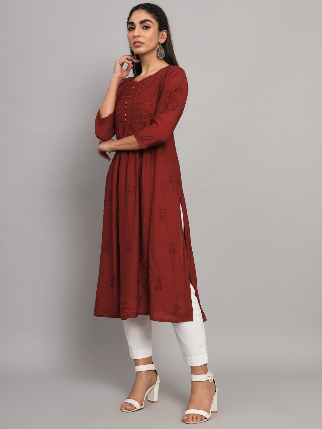 Hand embroidered floral pleated chikankari kurta AL3608 Brown