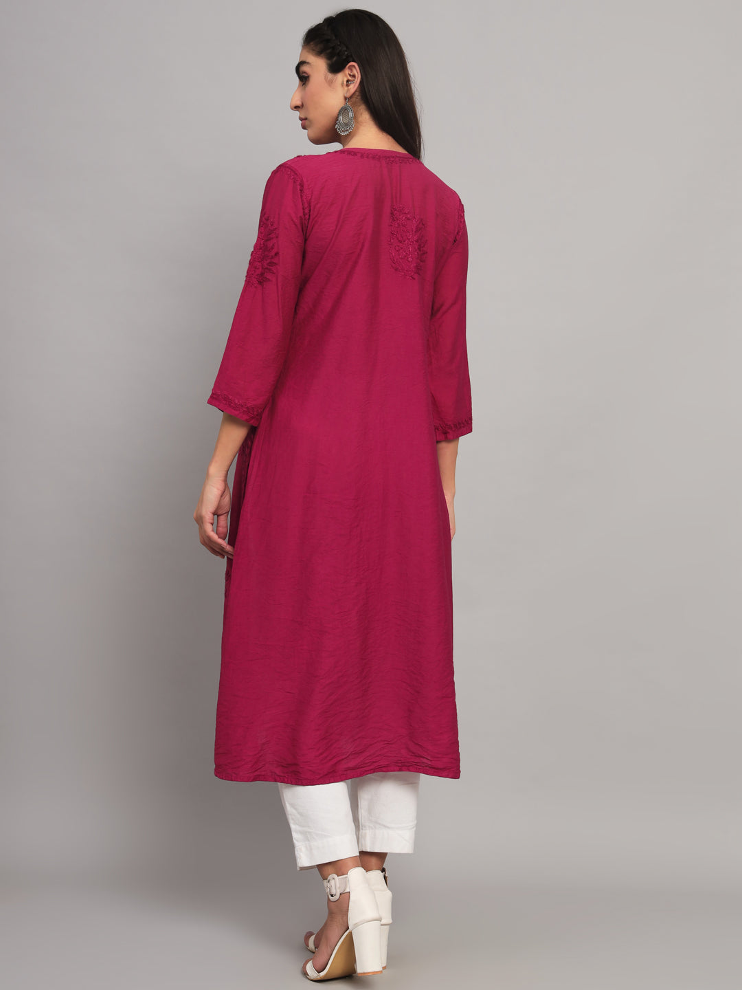 Hand embroidered floral pleated chikankari kurta AL3608 Burgundy