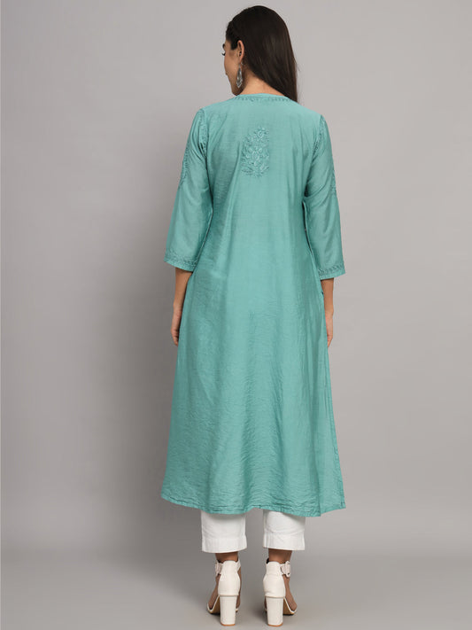 Hand embroidered floral pleated chikankari kurta AL3608 Green