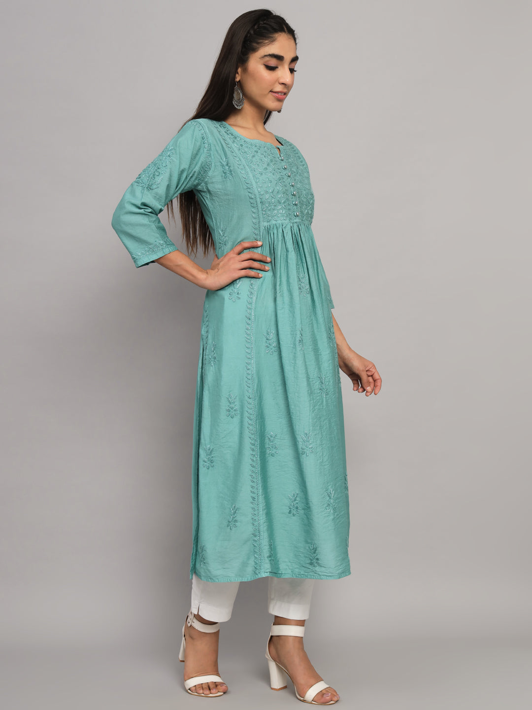 Hand embroidered floral pleated chikankari kurta AL3608 Green