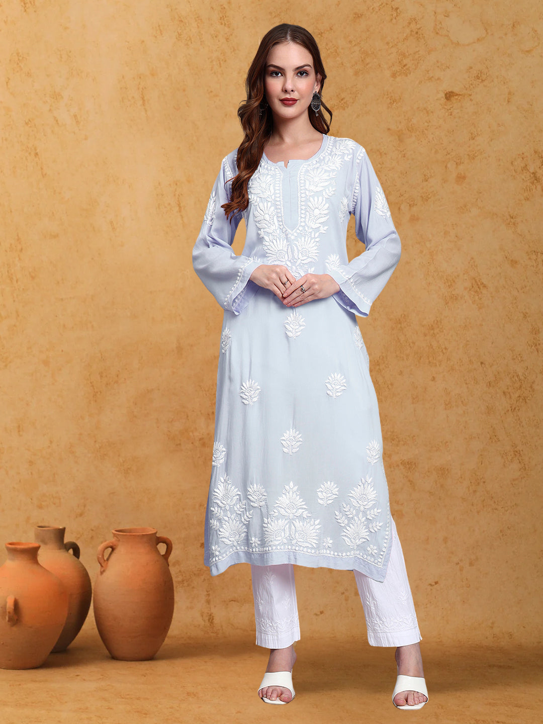 Hand Embroidered Chikankari Modal Straight Kurta-AL3683 Lavender