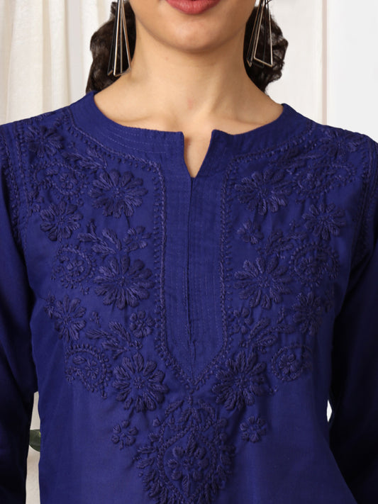 Hand Embroidered Chikankari Cotton Straight Kurti-AL3405 Royalblue