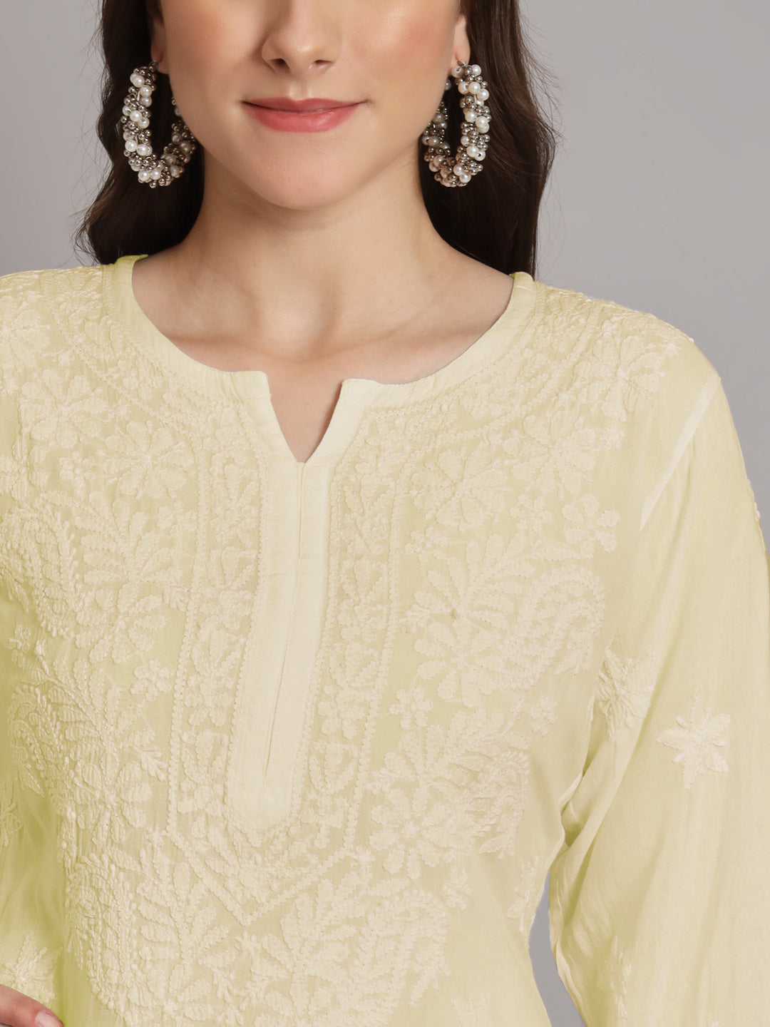 Hand Embroidered Chikankari Modal Kurta with Palazzo- AL3662KS Lemon