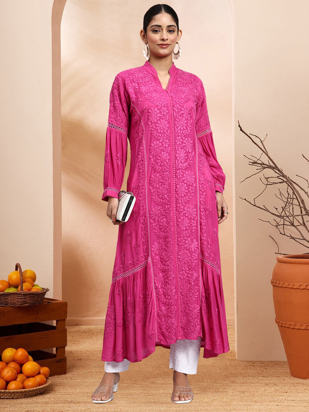 Hand Embroidered Chikankari Muslin Kurta-AL4100 Magenta