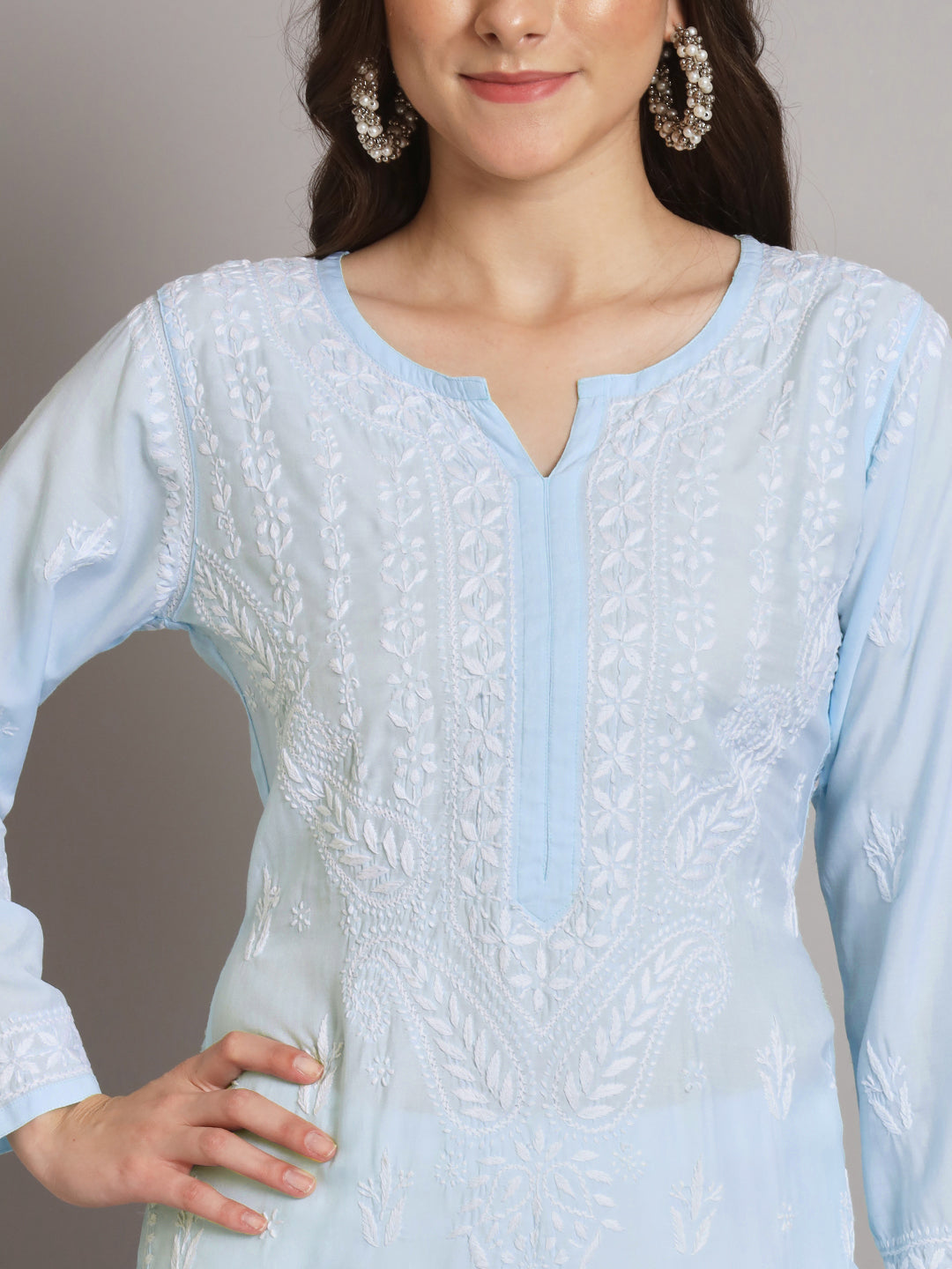 Women Hand Embroidered Chikankari Modal Kurta-AL3584 Skyblue