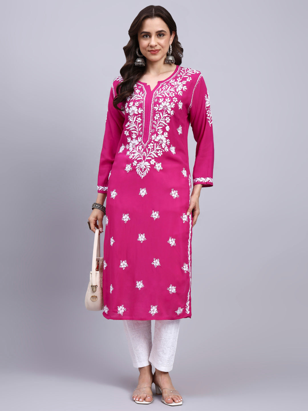 Women Hand Embroidered Chikankari Modal Kurta-AL4059 Magenta