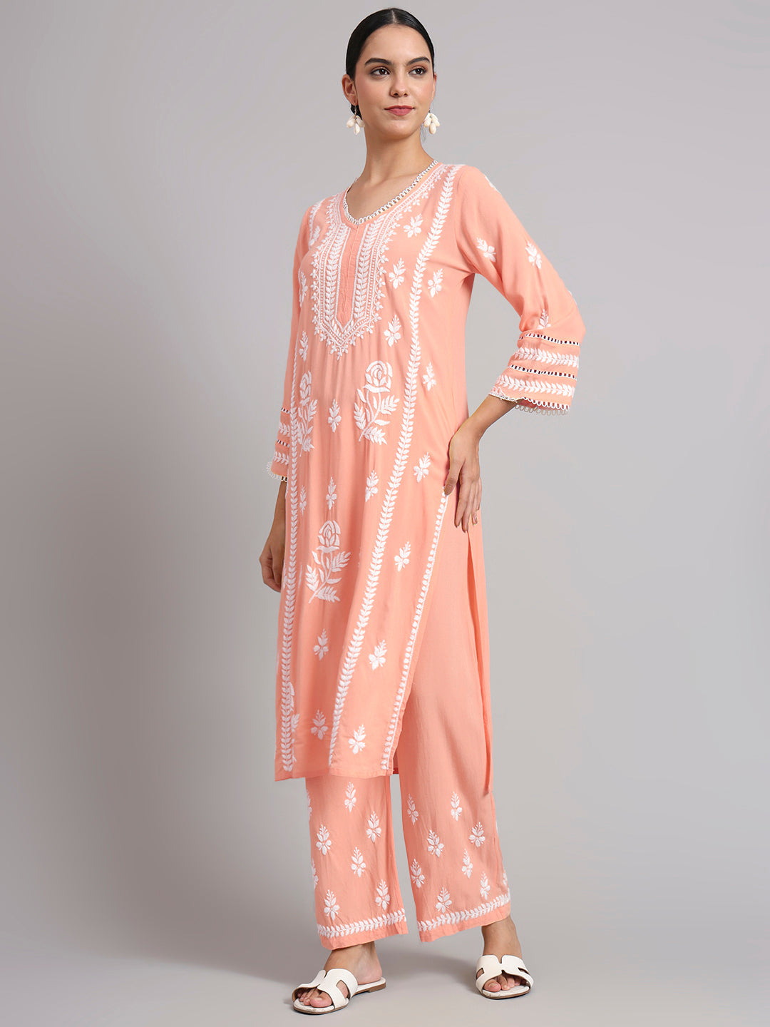 Women Hand Embroidered Lucknowi Chikankari Rayon Kurta Set-AL4078KS Peach