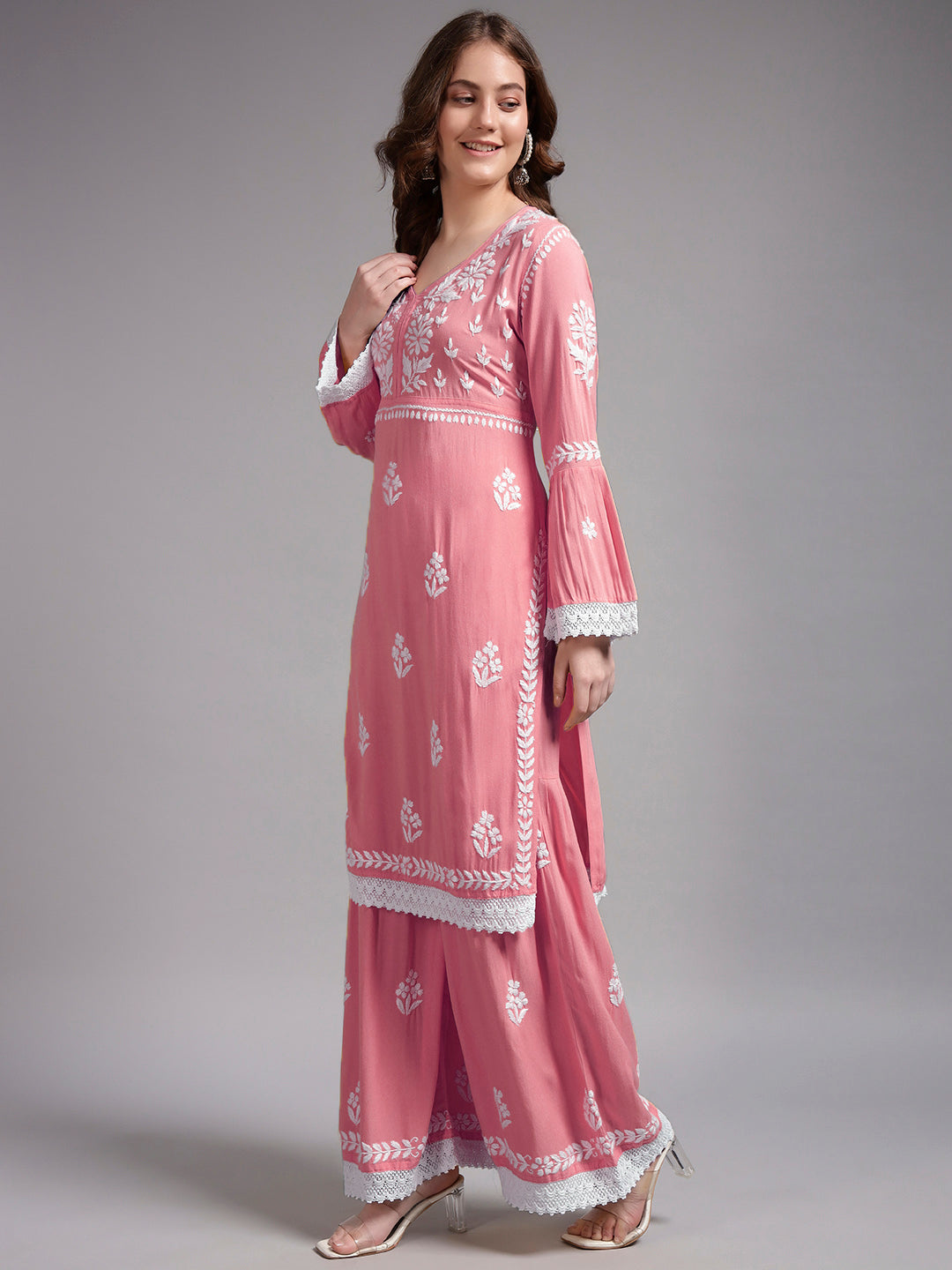 Women Hand Embroidered Lucknowi Chikankari Rayon Kurta Set-AL4077KS Rust
