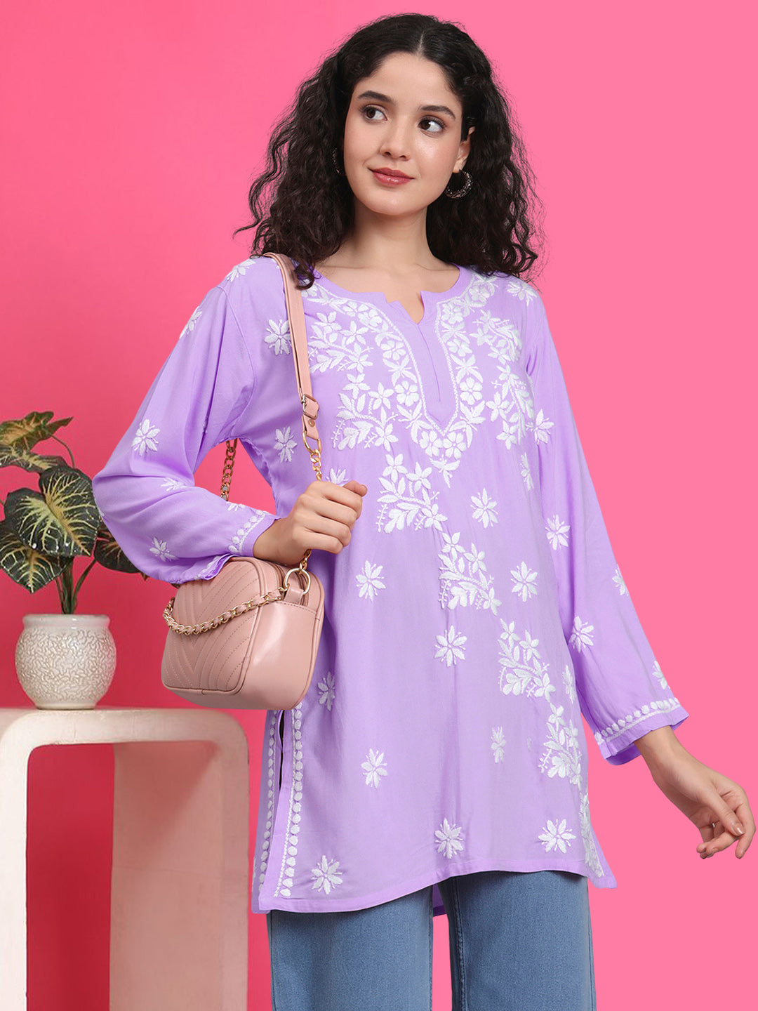 Women Chikankari Hand Embroidered Rayon Kurti -AL4071 Lavender