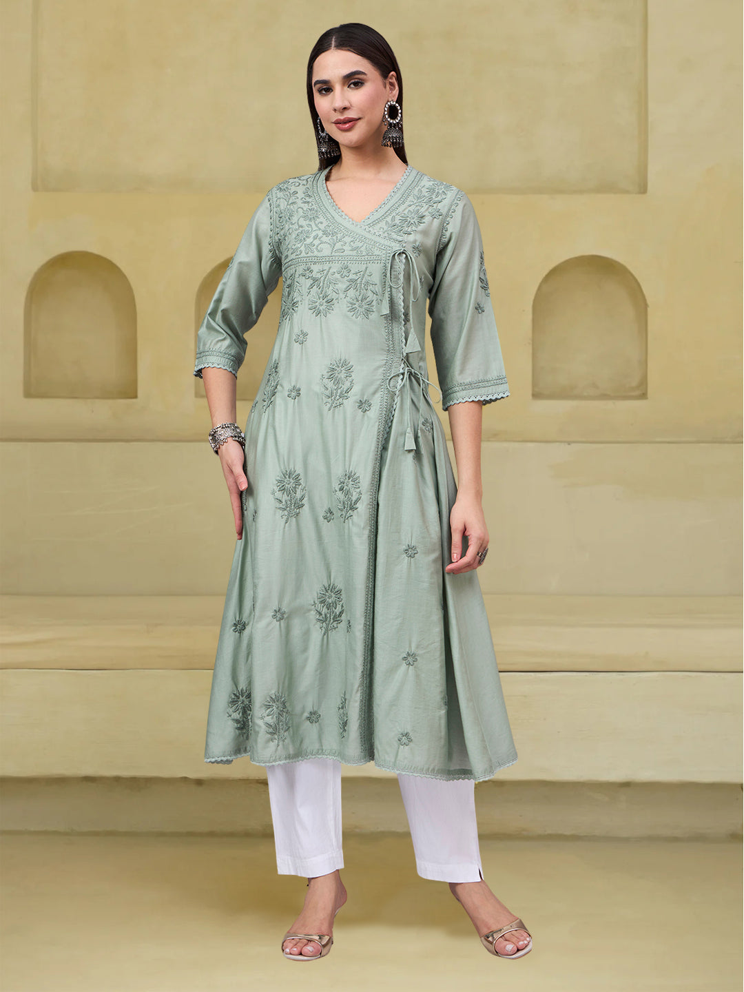 Women chikankari hand Embroidered Chanderi Angrakha kurta-AL3667 Seagreen