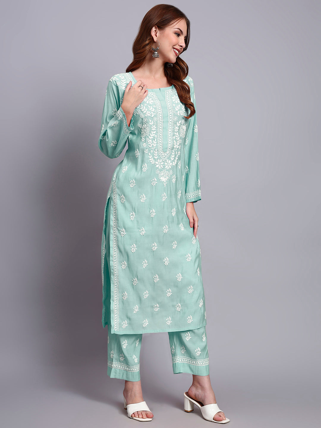 Women Hand Embroidered Chikankari Chanderi Kurta Set-AL4089KS Sea Green