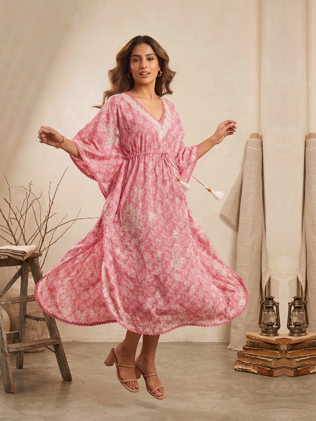Hand Embroidered Chikankari Cotton Kaftan-AL3833 New Carrotpink
