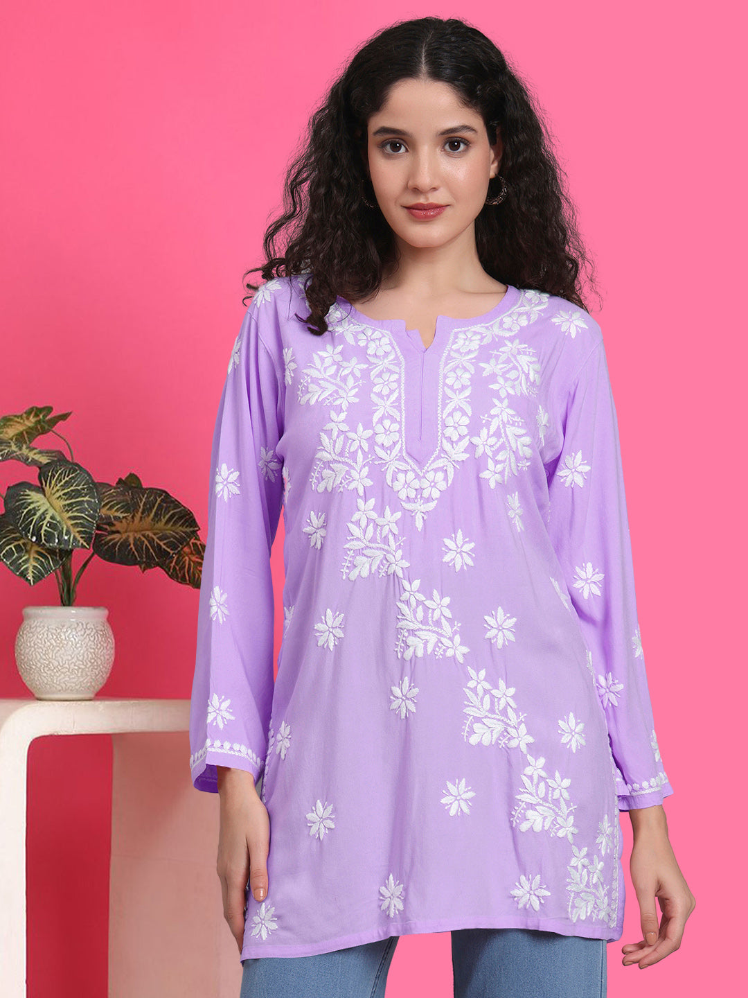 Women Chikankari Hand Embroidered Rayon Kurti -AL4071 Lavender