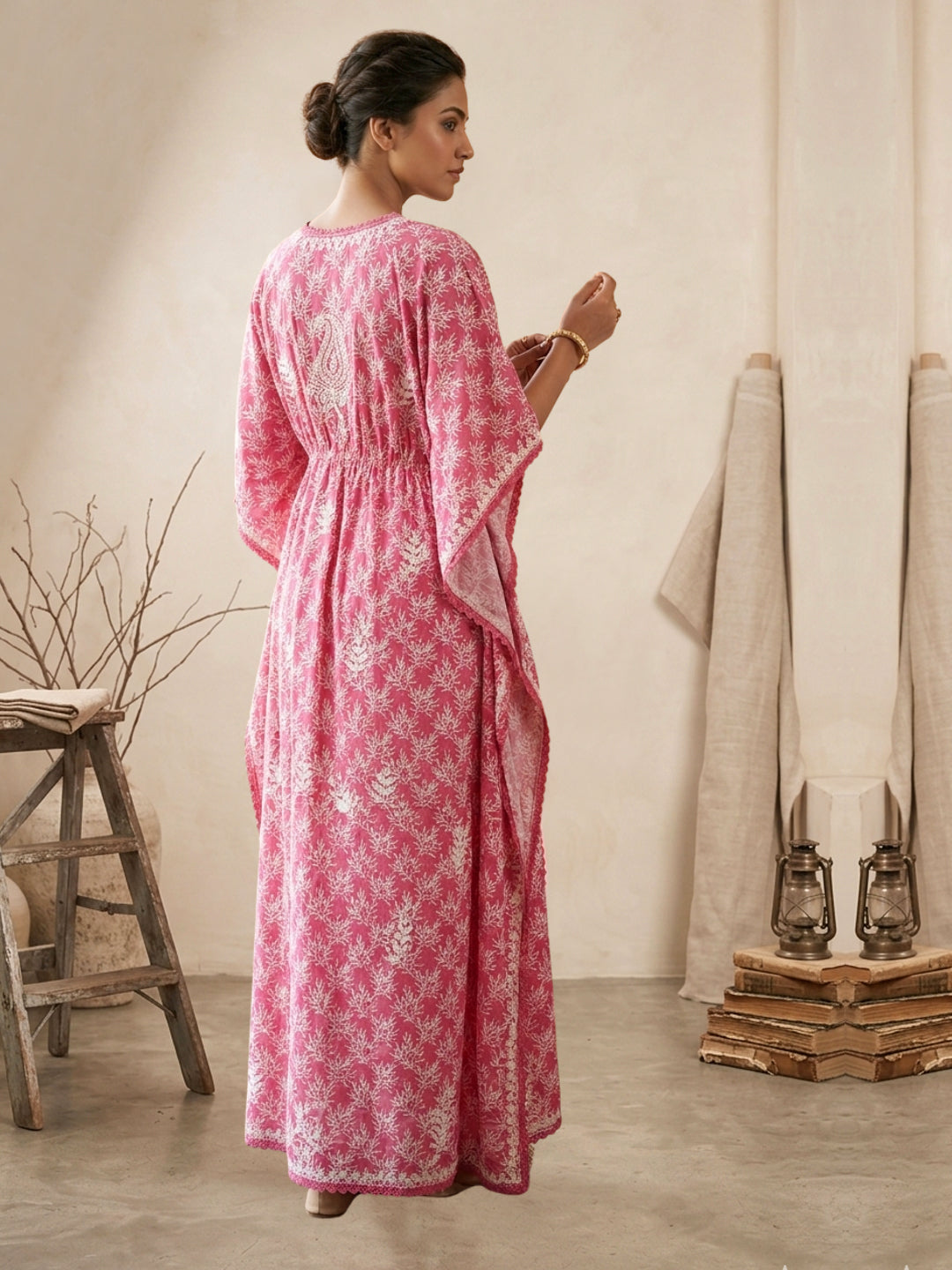 Hand Embroidered Chikankari Cotton Kaftan-AL3833 New Carrotpink