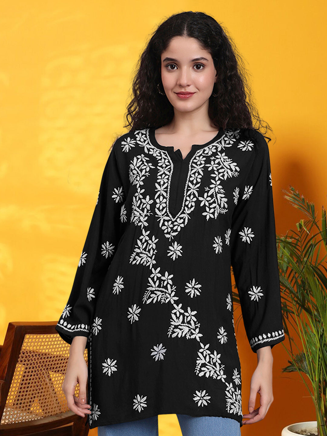 Women Hand Embroidered Chikankari Rayon Kurti-AL4071 Black