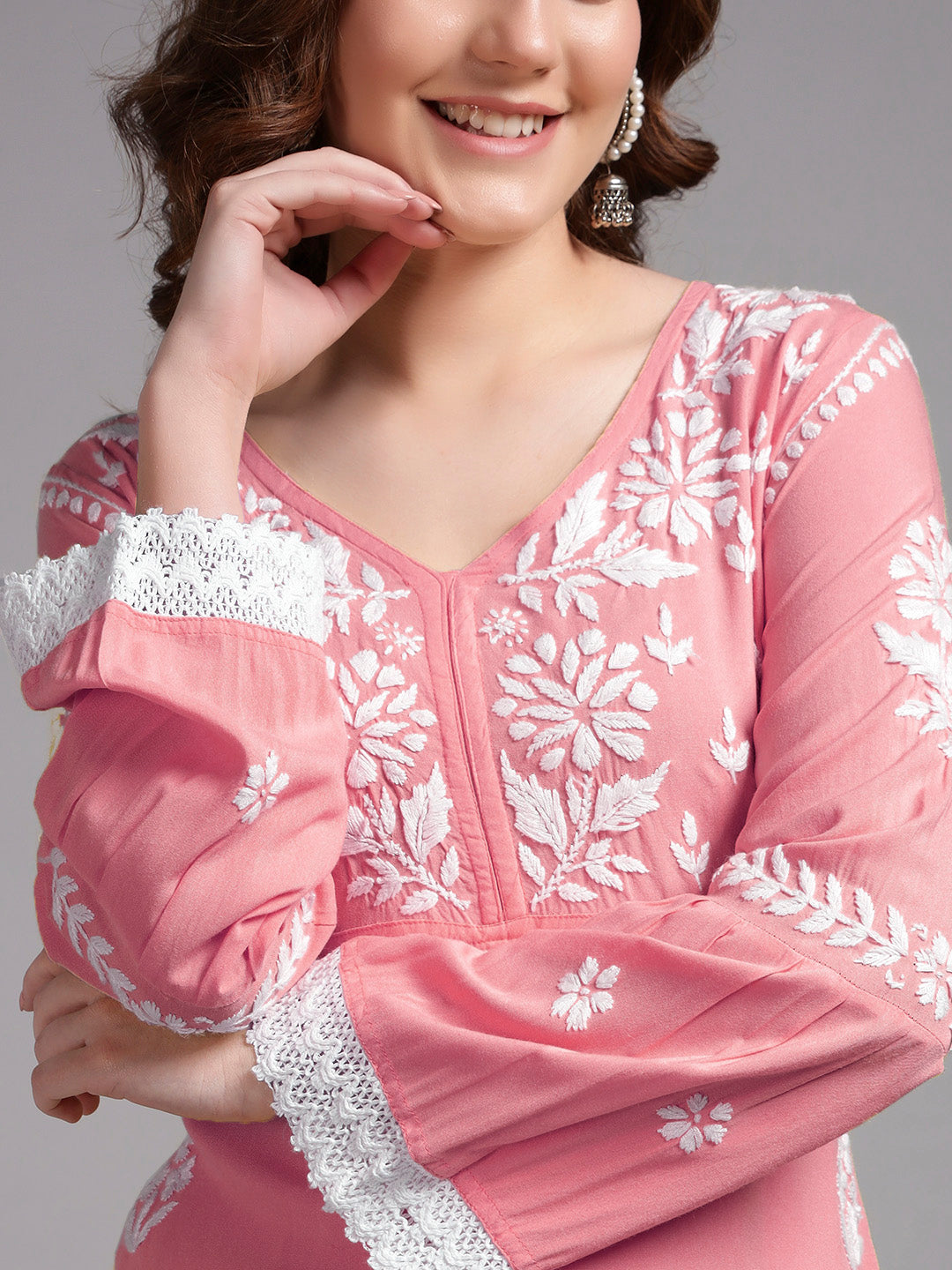 Women Hand Embroidered Lucknowi Chikankari Rayon Kurta Set-AL4077KS Rust