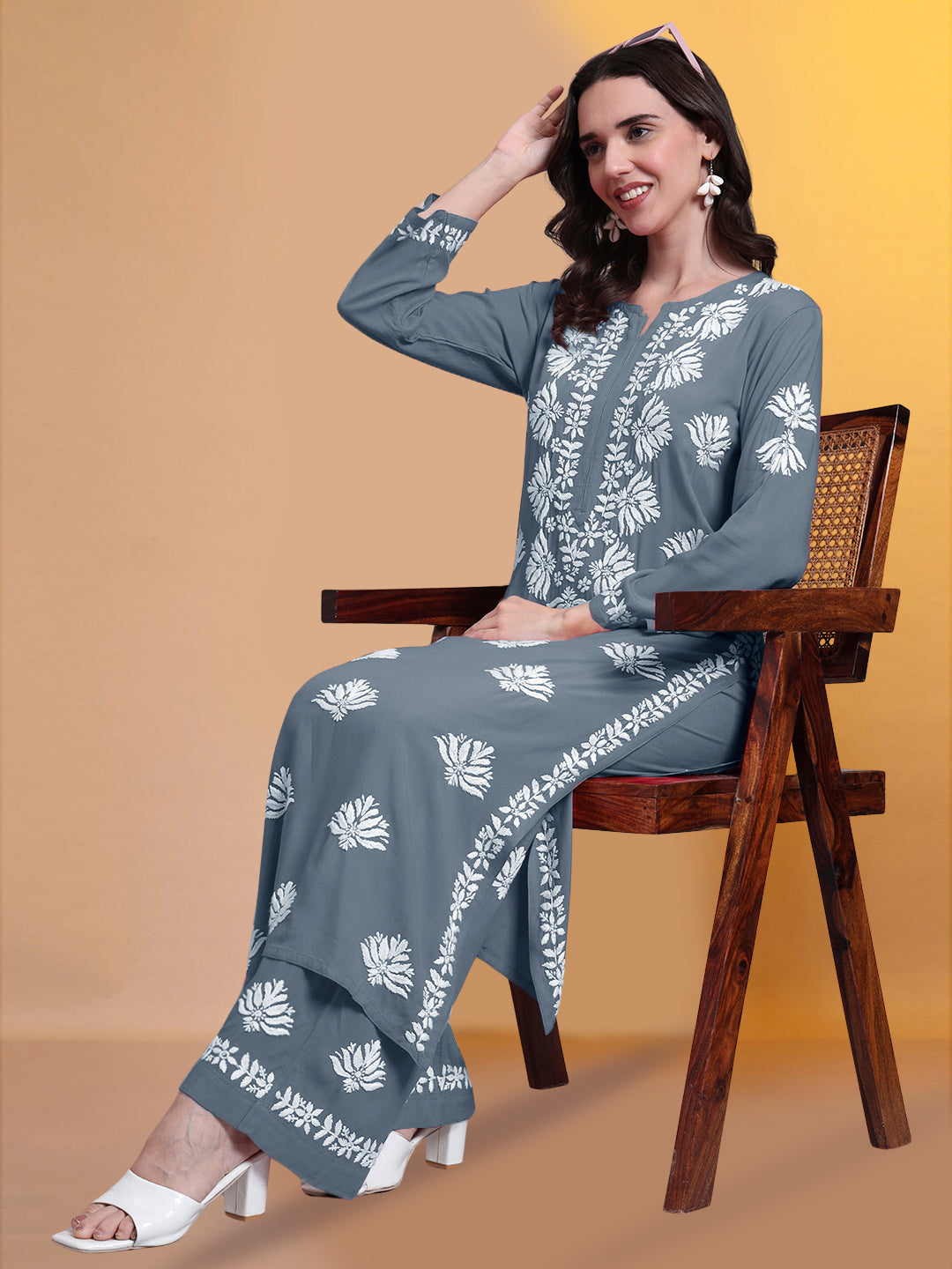 Women Hand Embroidered Chikankari Rayon Kurta Set-AL4084KS Grey