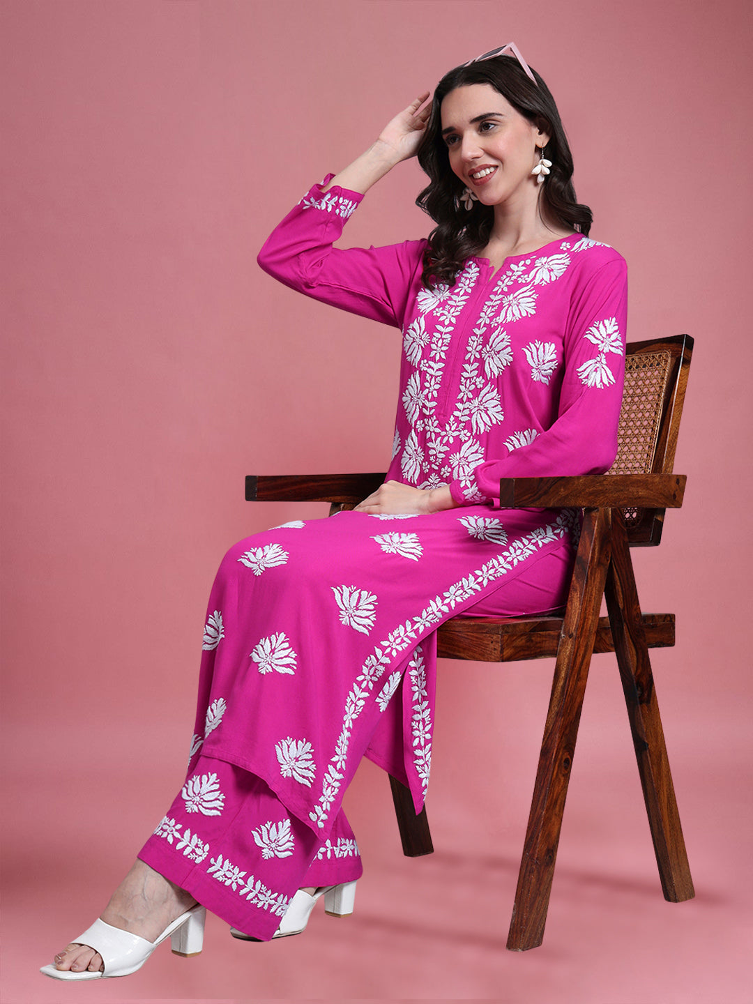 Women Hand Embroidered Chikankari Rayon Kurta Set-AL4084KS Magenta