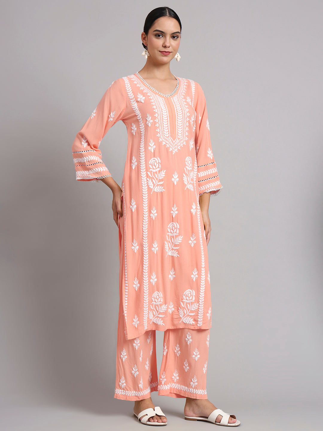 Women Hand Embroidered Lucknowi Chikankari Rayon Kurta Set-AL4078KS Peach