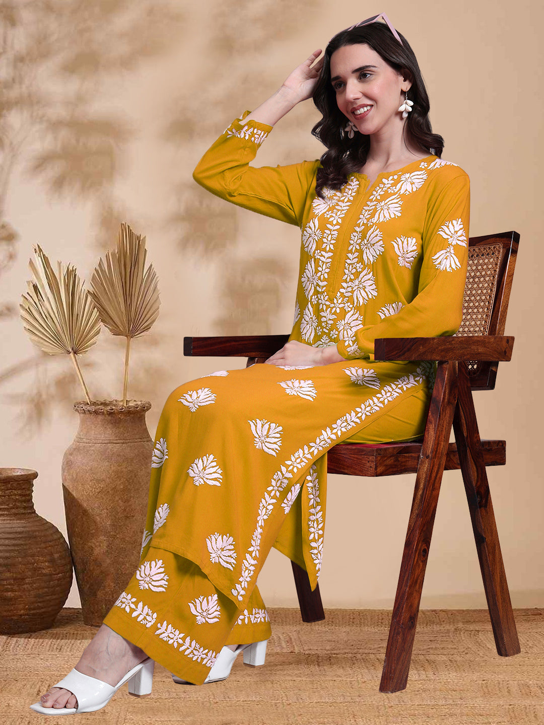 Women Hand Embroidered Chikankari Rayon Kurta Set-AL4084KS Mustard Yellow
