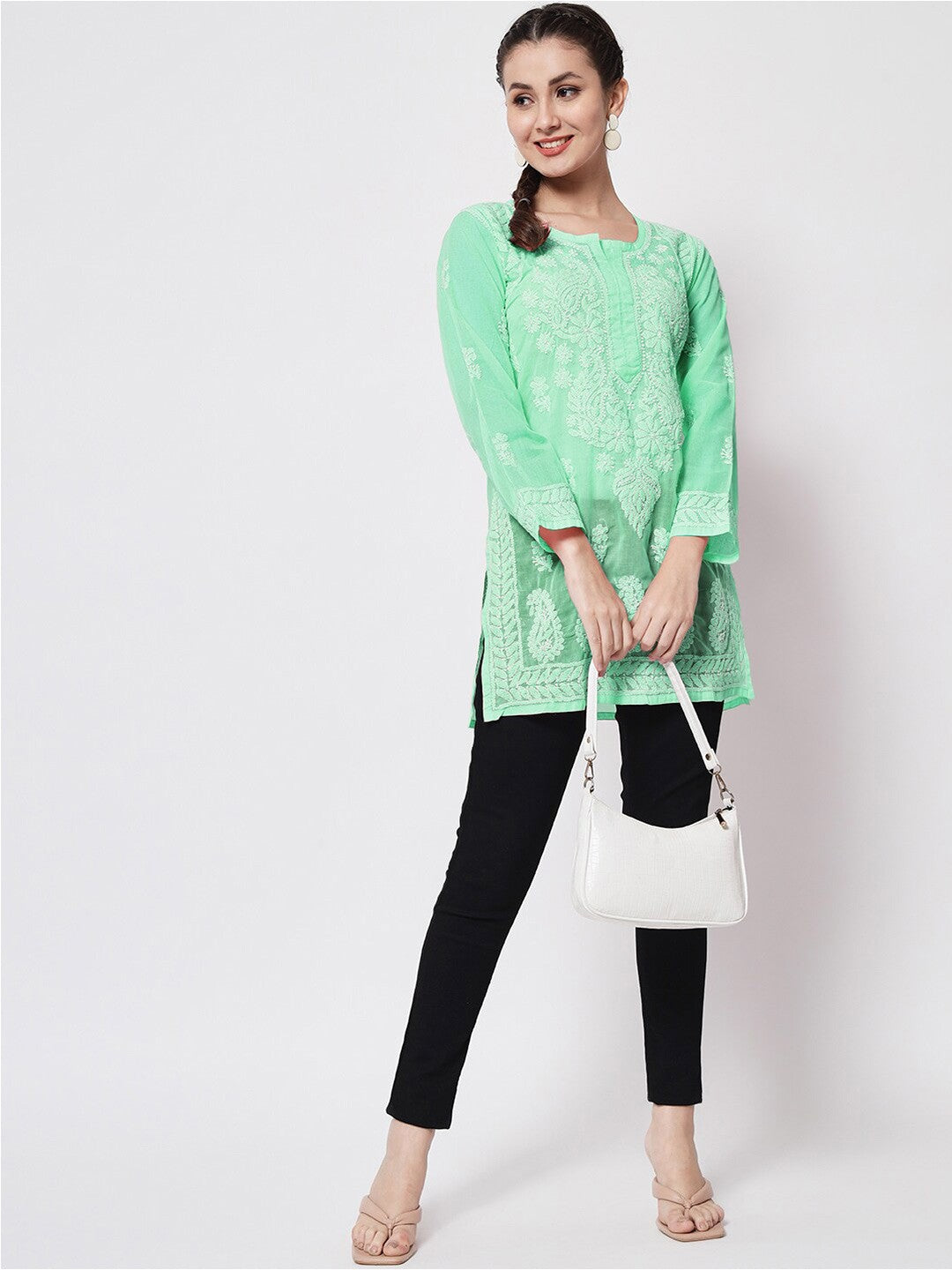 Hand Embroidered Chikankari Cotton Straight Short Kurti-AL3595 Green