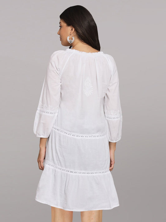 Hand Embroidered Chikankari A-Line Cotto Dress With Elasticated Neckline & Sleeve-AL14362