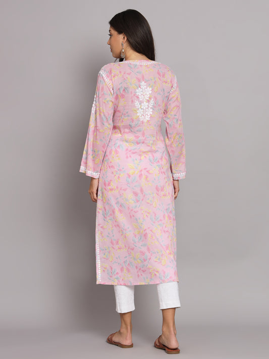 Hand Embroidered Chikan Printed Mulmul Cotton Straight Kurta-AL3680 Pink