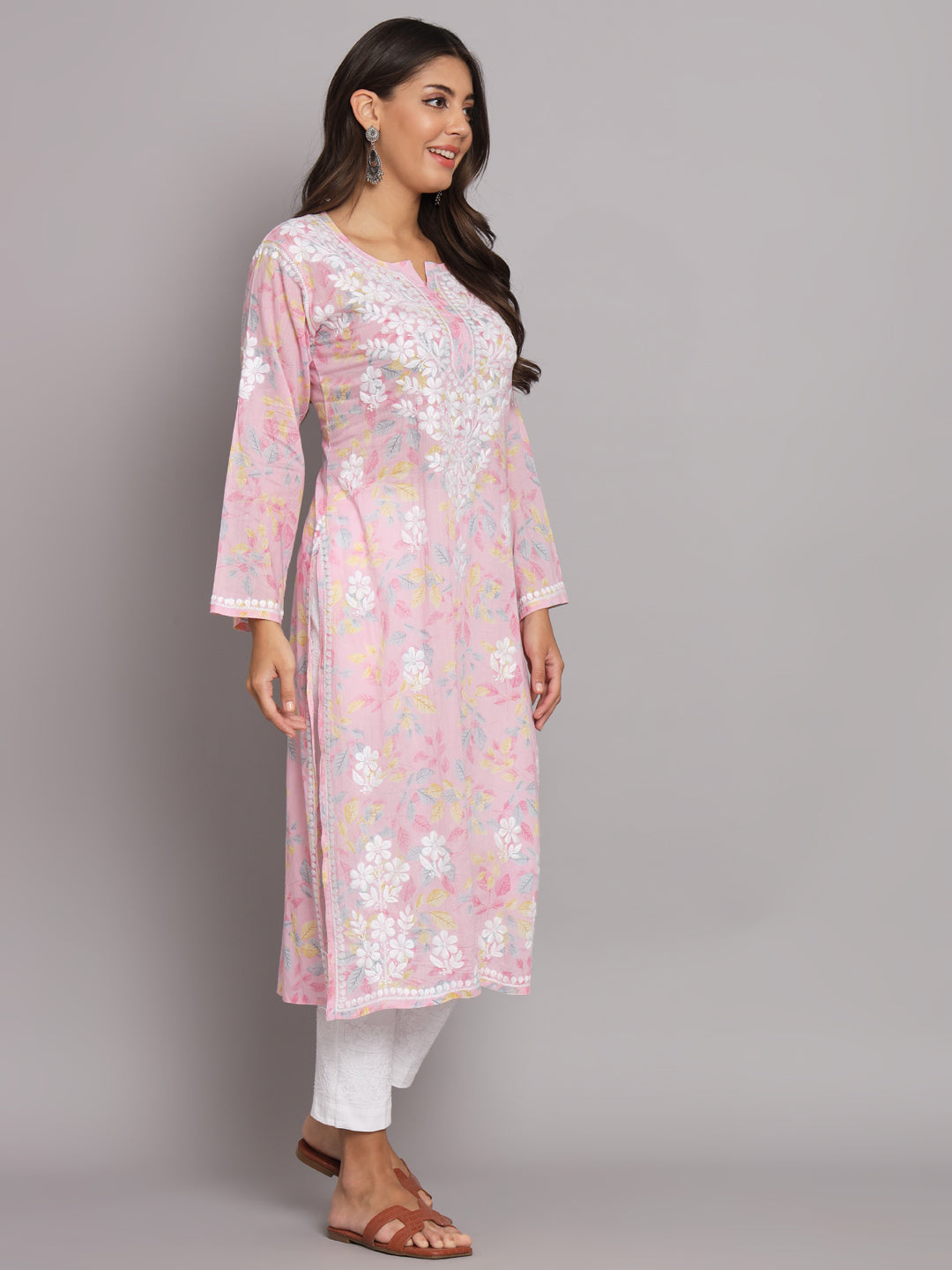 Hand Embroidered Chikan Printed Mulmul Cotton Straight Kurta-AL3680 Pink