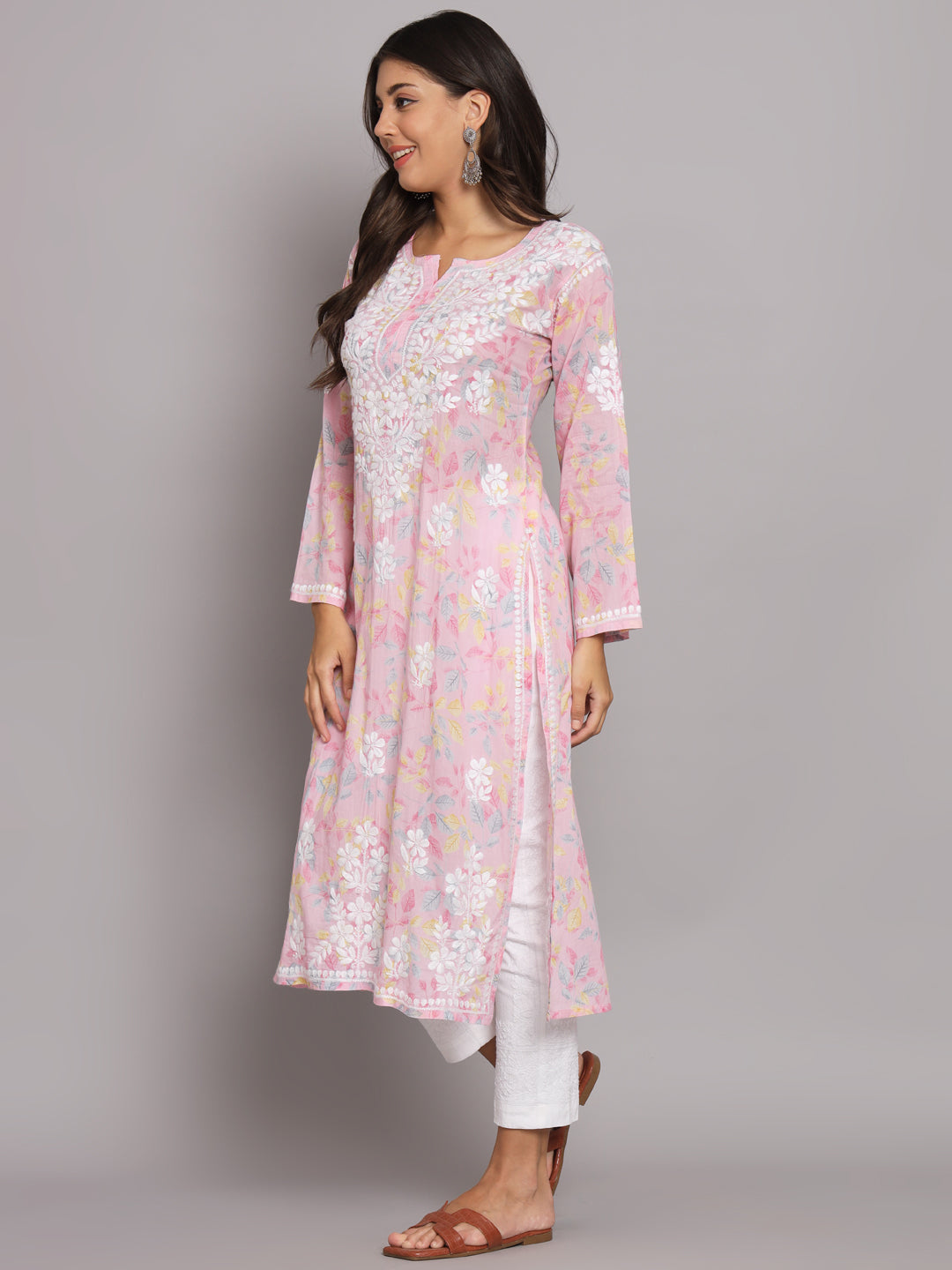 Hand Embroidered Chikan Printed Mulmul Cotton Straight Kurta-AL3680 Pink