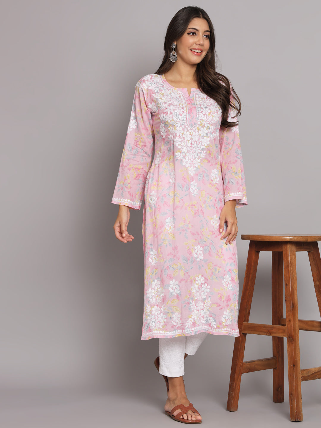 Hand Embroidered Chikan Printed Mulmul Cotton Straight Kurta-AL3680 Pink