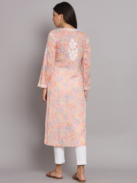 Hand Embroidered Chikan Printed Mulmul Cotton Straight Kurta-AL3680 Peach