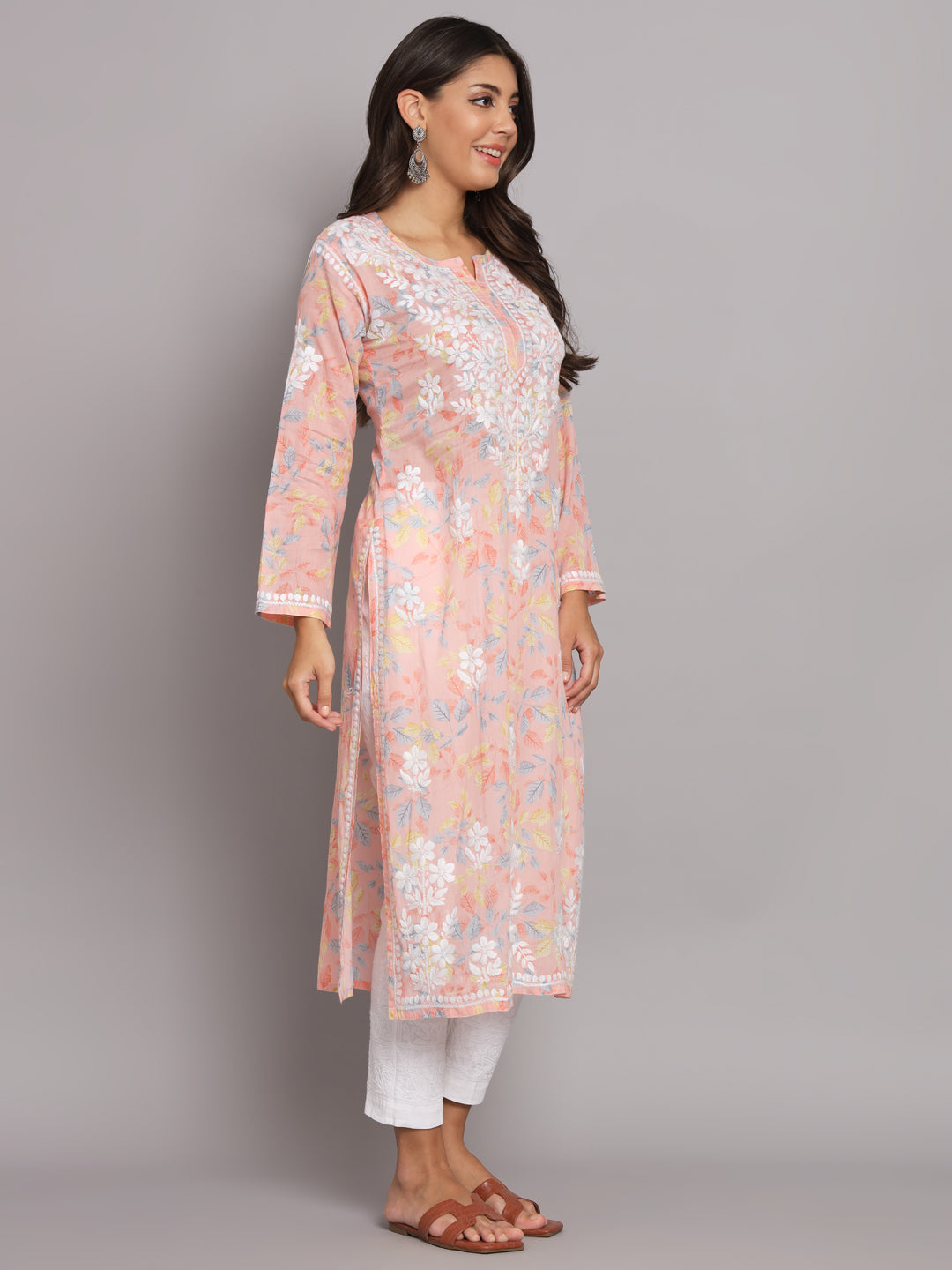 Hand Embroidered Chikan Printed Mulmul Cotton Straight Kurta-AL3680 Peach