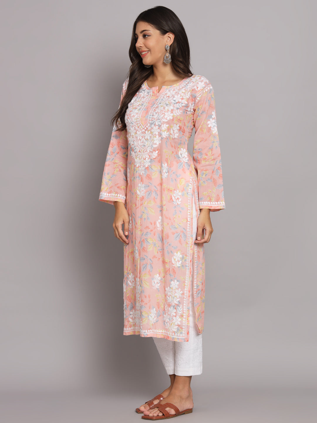 Hand Embroidered Chikan Printed Mulmul Cotton Straight Kurta-AL3680 Peach