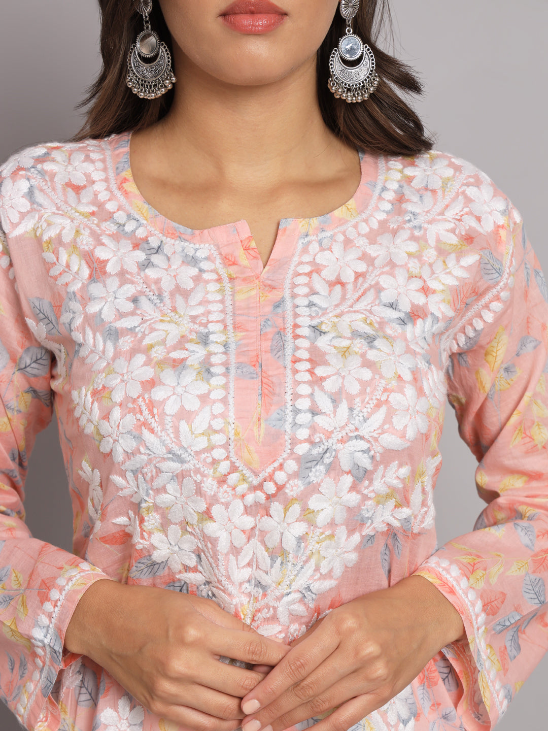 Hand Embroidered Chikan Printed Mulmul Cotton Straight Kurta-AL3680 Peach