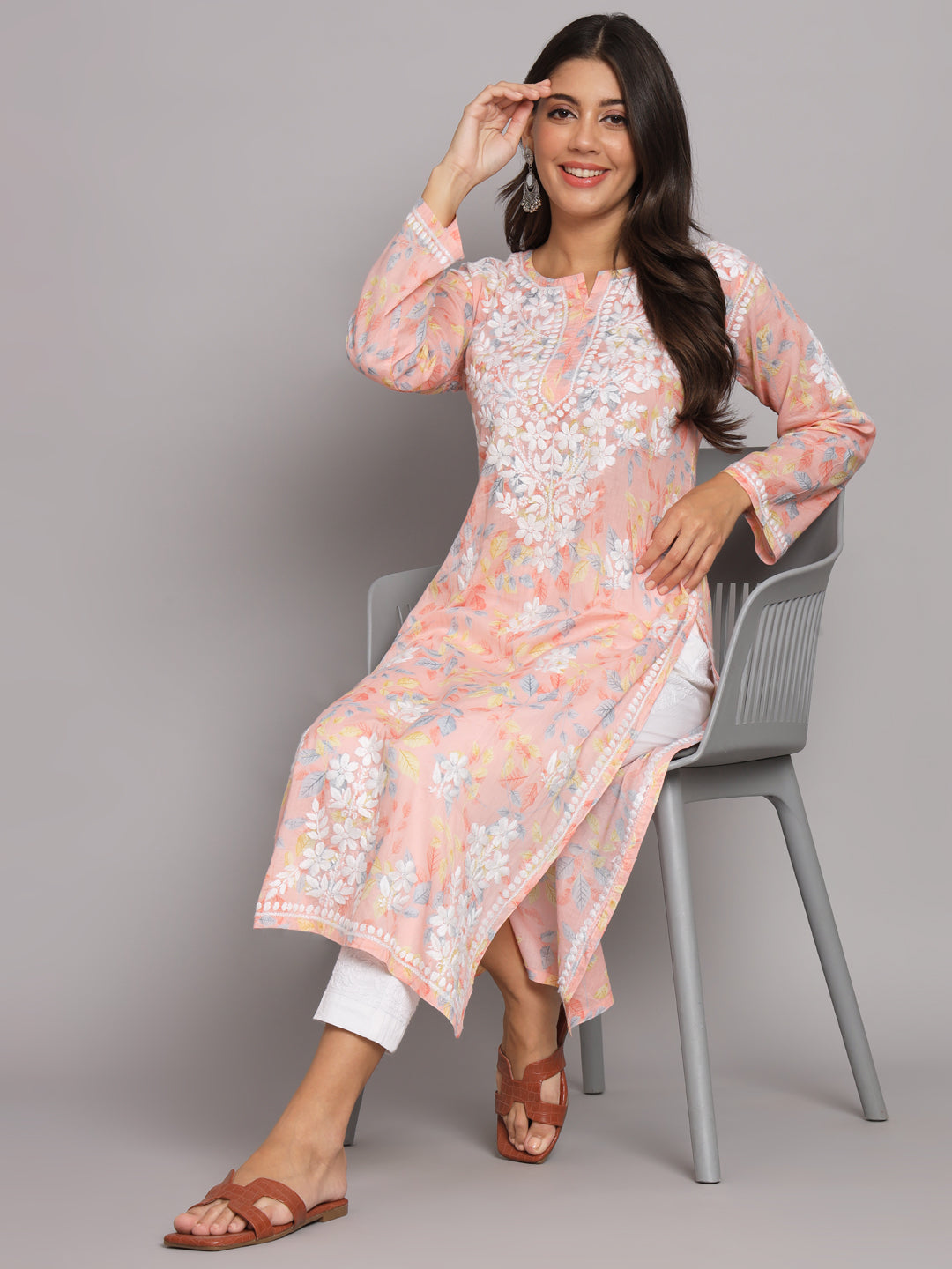 Hand Embroidered Chikan Printed Mulmul Cotton Straight Kurta-AL3680 Peach