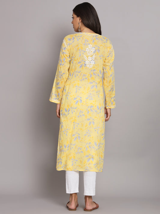 Hand Embroidered Chikan Printed Mulmul Cotton Straight Kurta-AL3680 Yellow