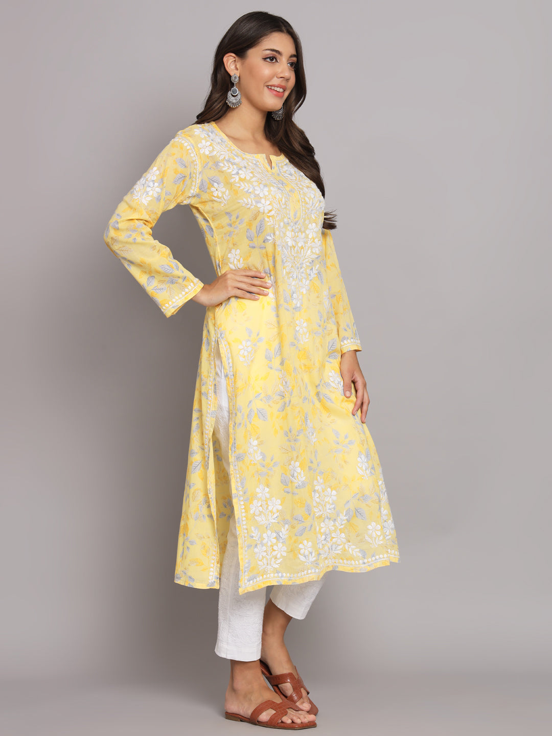 Hand Embroidered Chikan Printed Mulmul Cotton Straight Kurta-AL3680 Yellow