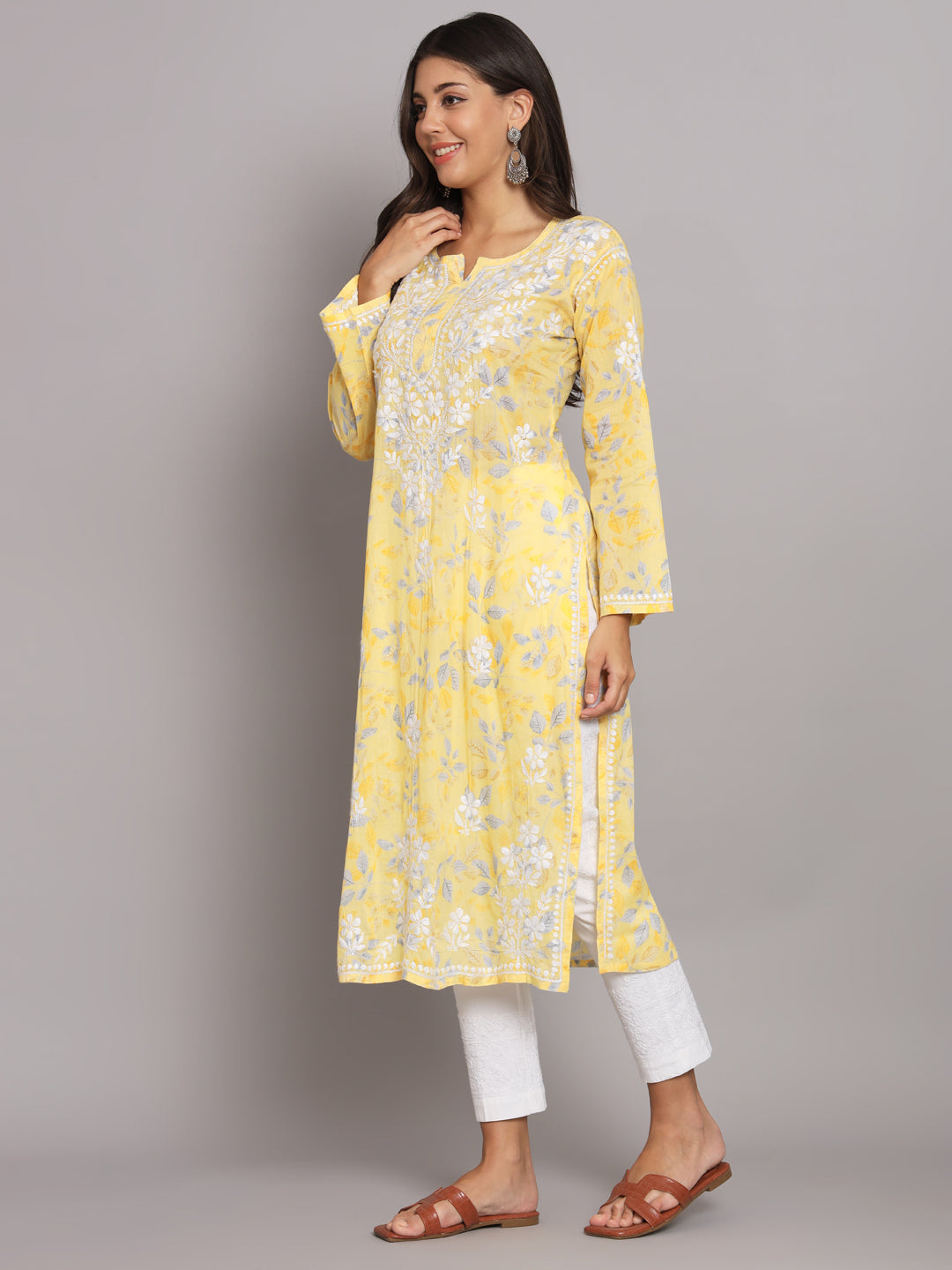 Hand Embroidered Chikan Printed Mulmul Cotton Straight Kurta-AL3680 Yellow