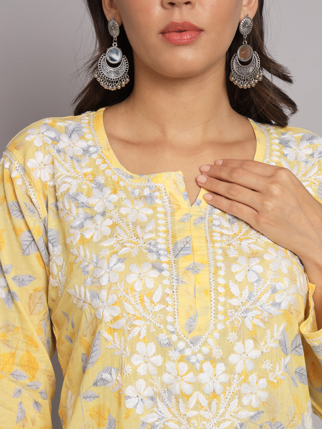 Hand Embroidered Chikan Printed Mulmul Cotton Straight Kurta-AL3680 Yellow