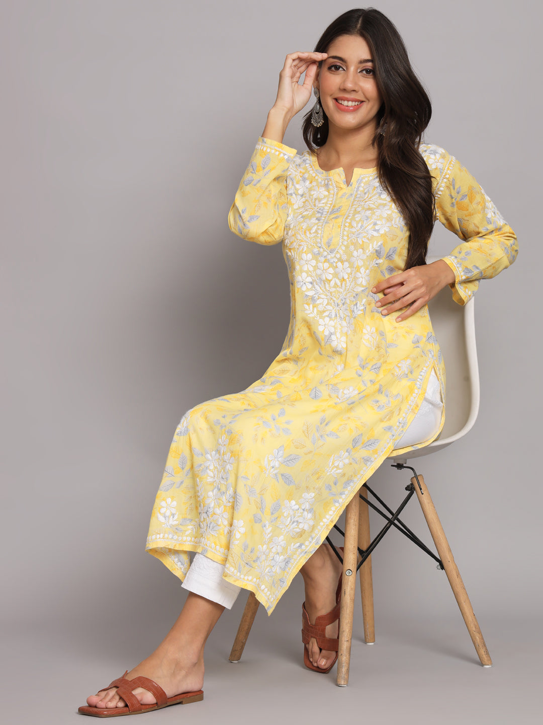 Hand Embroidered Chikan Printed Mulmul Cotton Straight Kurta-AL3680 Yellow